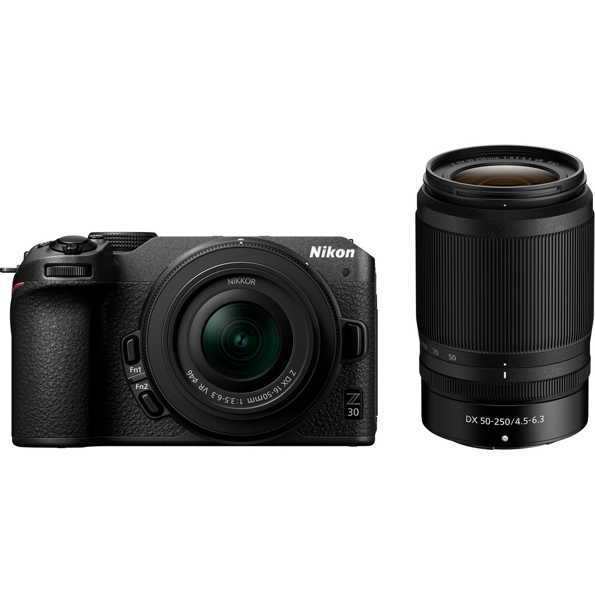 Nikon Z30 - Kit 16-50mm VR + 50-250mm VR vista frontal con ambos lentes