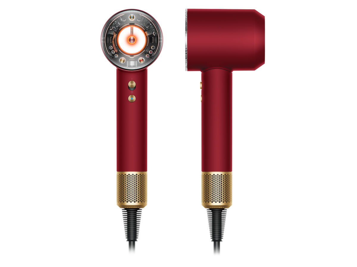 Dyson Supersonic Nural Red Velvet/Gold - Secador + set de cepillos y pinzas - vista frontal y lateral
